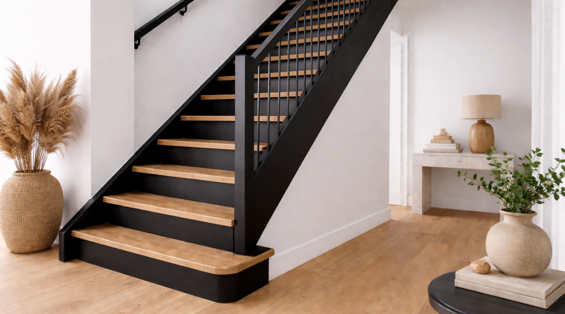 trap gewrapt in mat zwart en hout look